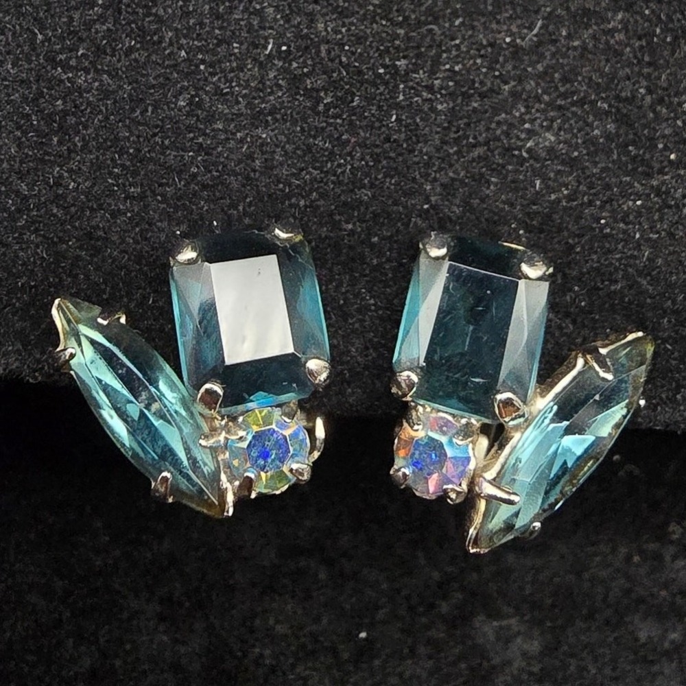 Blue Rhinestone Clip On Earrings Vintage Glam Jewelry